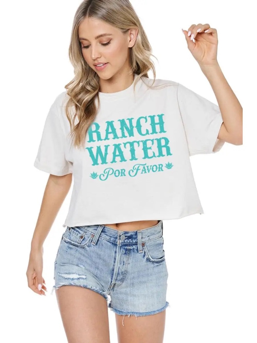 White Crop Top with Teal "Ranch Water Por Favor" Graphic - Picture 3 of 8